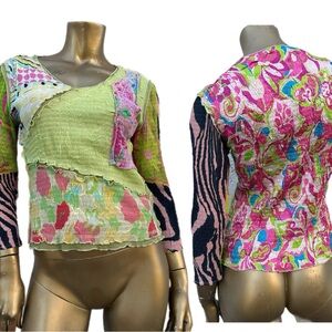 Alberto Makali Multicolor print-block Patchwork crinkle/mesh v-neck top size M